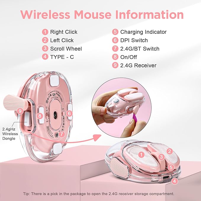 Q9 Wireless Computer Mouse 2.4GHz/Bluetooth Mouse Ergonomic Optical Mouse with RGB LightingSilent Clicks4800 DPI 4 Adjustment LevelsCompatible with PC Mac Laptop(Pink)