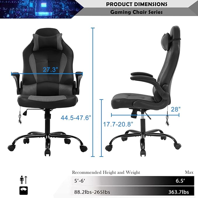 Massage Gaming Chair for Adults PC Silla Gamer Cheap Game Ergonomic Desk with Headrest Lumbar Support High Back Video Chairs Kids Ages 8-12 Grey 1