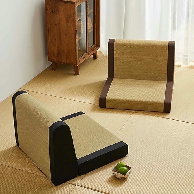 ELEFOCUS Foldable Japanese Style Tatami Chair with Backrest Lightweight Grass Chair for Meditation Lounge Reading Gaming(Curry)