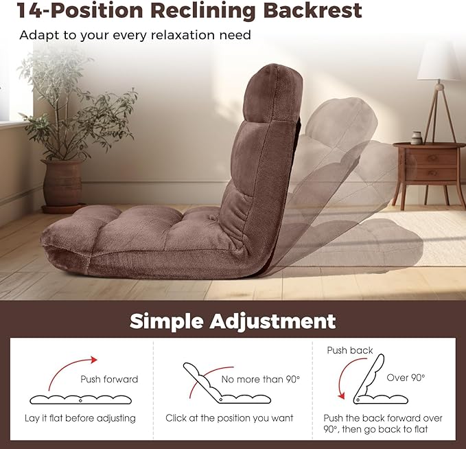 COSTWAY Floor Chair Video Gaming Chairs with Back Support Adjustable 14-Position Alloy Steel Frame Lazy Sofa Lounge Recliner for Adults Kids (Chocolate)