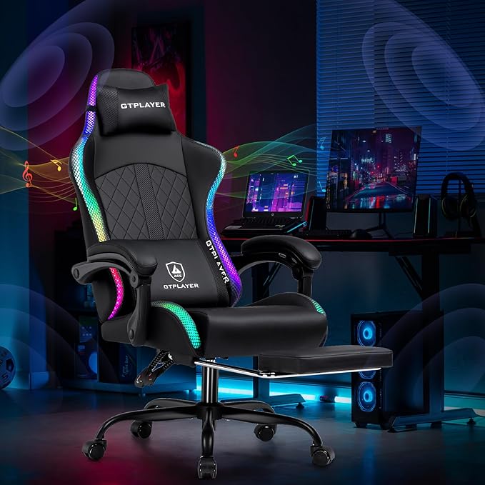 GTPLAYER RGB Gaming Chair with Speakers Computer Gamer Chair with Footrest and LED Lights PC Gamer Chairs for Adults High Back Reclining Office Chairs Linkage Armrest (Black with Speakers)