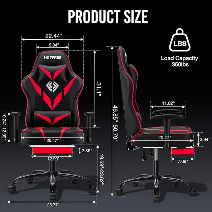 HOFFREE Massage Gaming Chair with Pocket Spring Cushion 155° Reclining Computer Gamer Chair with Footrest and Adjustable Armrests Ergonomic Video Game Chairs Red and Black