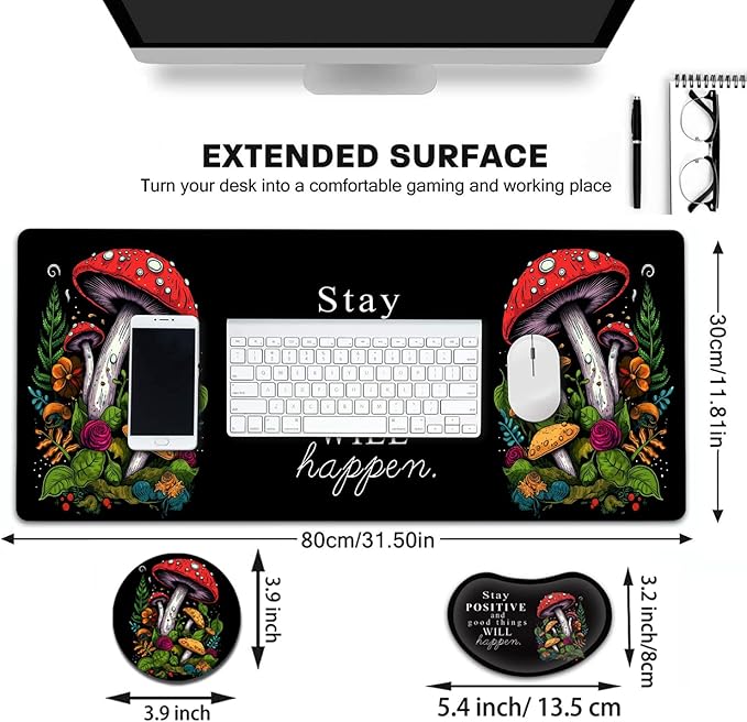 Large Mouse Pad with Mouse Wrist Rest 31.5x11.8 in Extended Mouse Mat with Non-Slip PU Base Ergonomic Memory Foam Wrist Rest for Work &amp Gaming Writing Pad Red Mushroom Black Office Desk Pad