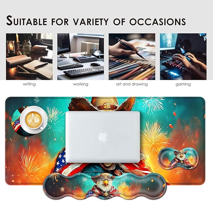 Large Keyboard Mouse Pad Set Extended Mouse Pad+Keyboard Wrist Rest Support Memory Foam Ergonomic Easy Typing 4Pcs (31.5×11.8 in) Desk Pad Set for Office HomeAmerican Flag Eagle