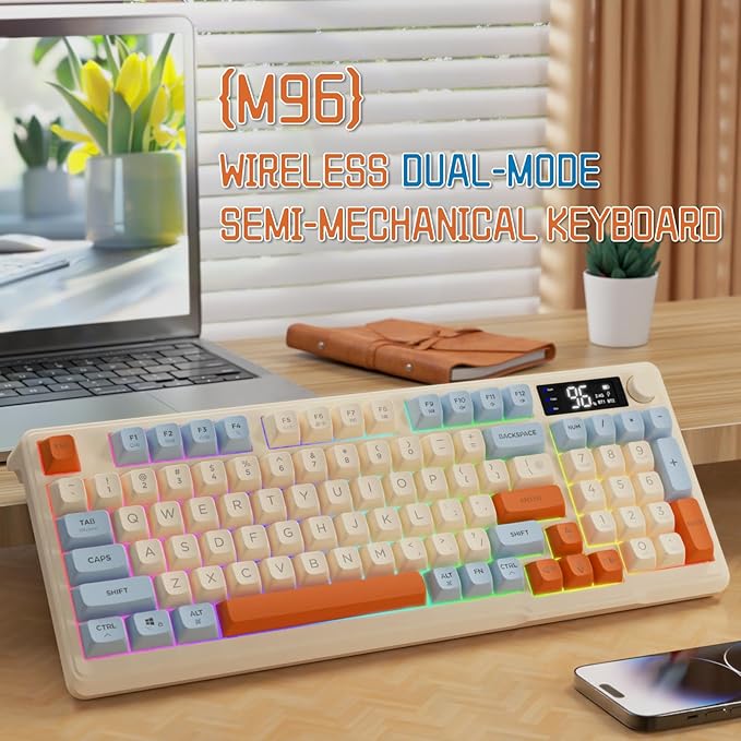 LexonElec M96 Wireless Gaming KeyboardKnob Control Bluetooth/2.4G Wireless Mechanical Feeling KeyboardRGB LED Backlit with Display Screen PBT Keycap 3000mAh 94-Key Layout for Win/Mac (Blueberry)