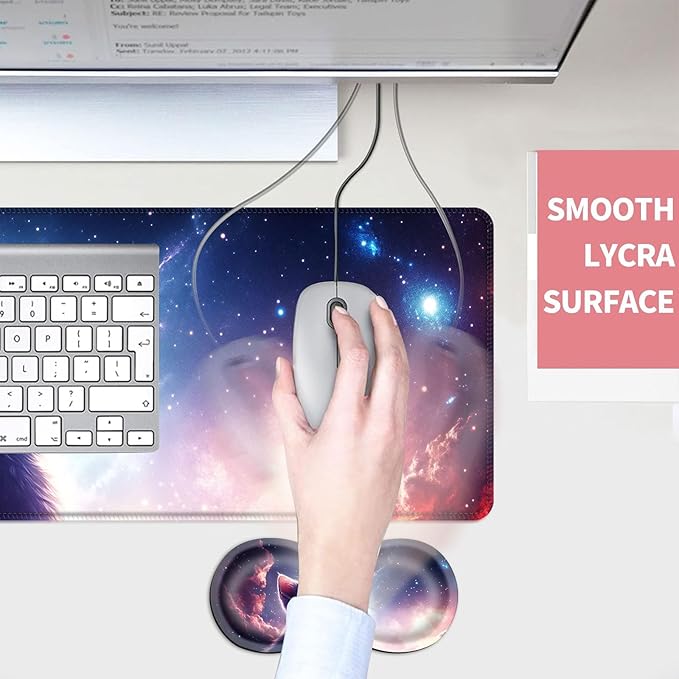Mouse PadLarge Desk Mat Set 4in1 XL Mousepad + Keyboard Wrist Rest+Mouse Wrist Rest+Coaster with Ergonomic Desk Pad for Home Office Table Computer Cover -Cat Looking at Starry Sky