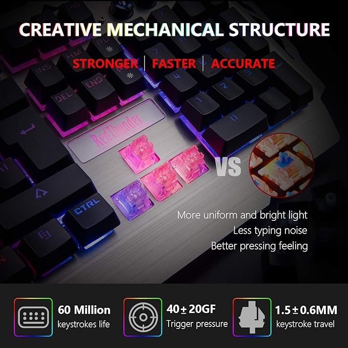 RedThunder K900 Gaming Keyboard RGB Backlit Semi-Mechanical with Wrist Rest Water-Resistant USB Wired Hybrid Ergonomic Teclado Gamer for Desktop Computer PC Mac PS4