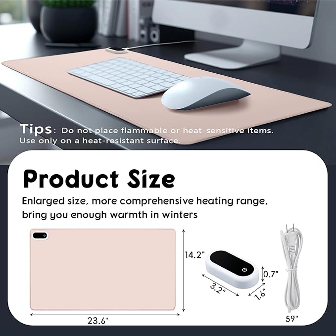 Konohan Heated Desk Pad Warm Mouse Pad 5 Heating Level &amp 4 Hour Auto Shut-Off PU Leather Warm Mouse Mat Heating Keyboard Gaming Mice Warmer Mat Only Supports 110v(Khaki Color23.6x 14.2)