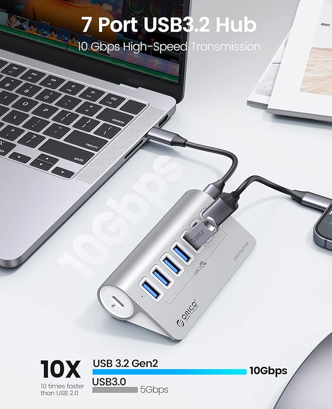 ORICO Powered USB Hub 10Gbps 7 Port USB 3.2 Gen 2 Hub with 7 USB 3.2 Data Ports 5V 3A Power Supply Interface 1.64Ft USB C to C Cable and USB-A Adapter Aluminum USB Data Hub for Laptop