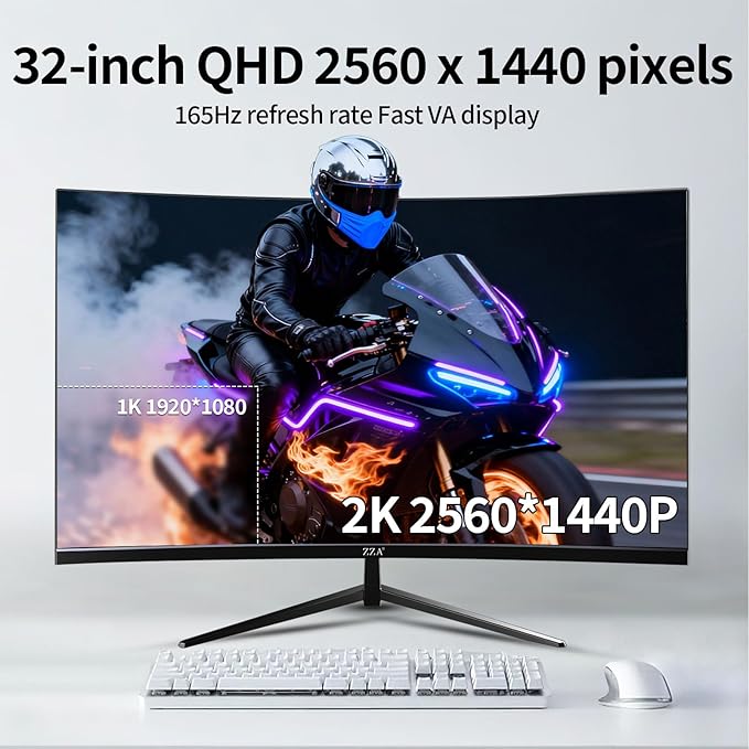 ZZA 32 Inch Curved Gaming Monitor 165Hz QHD 2560x1440 PC Monitor HDMI DP1.4 1500R 1ms MPRT HDR Metal Stand VESA Compatible (DP Cable Incl.)