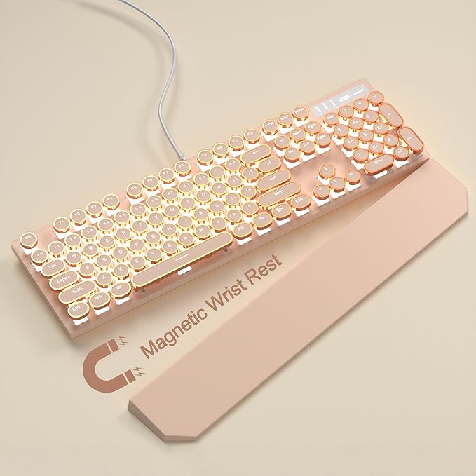 MageGee Typewriter Mechanical Gaming Keyboard Retro Punk Creamy Round Keycaps 104 Keys LED White Backlit Wired Keyboards for Laptop MAC PC Gamer with Magnetic Wrist Rest Blue Switch