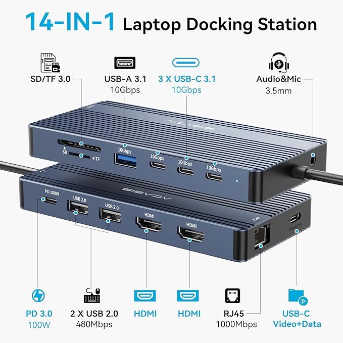 ACASIS USB C Hub with 4K Video Output USBC Splitter with 2*HDMI+4 * 10Gbps Data Transfer+Ethernet+SD/TF+Audio+PD100W Docking Station Dual Monitor for Laptop Portable Monitor and More Type C Devices