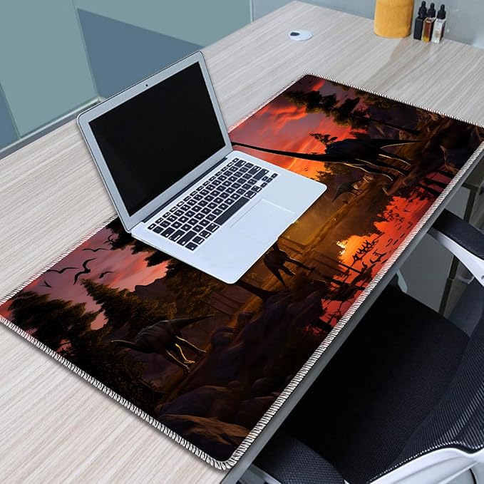 Gaming Mouse Pad Set Large Gaming Mouse Pad+Keyboard Wrist Rest+Mouse Wrist Rest+Coaster Easy Typing Pain Relief 31.5 × 11.8 inch Desk Mat for Home Office - Dinosaur Forest at Sunset