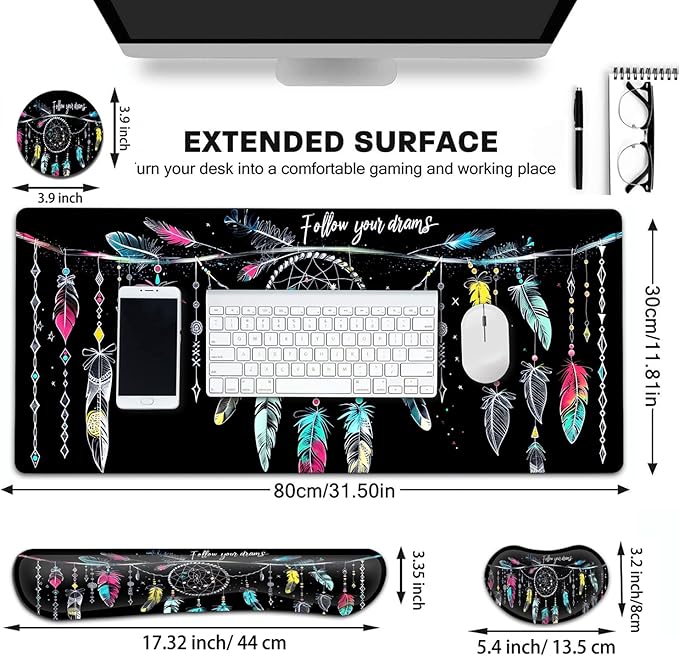 Large Gaming Mouse Pad+ Keyboard Wrist Rest Set Ergonomics Memory Foam Mouse Mat Wrist Rest Support for Home Office Waterproof Extended Mousepad 31.5x11.8in Dream Catcher Black Desk Pad
