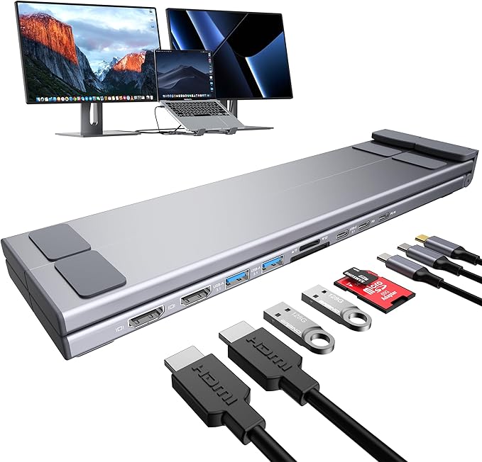 USB C Laptop Docking Station Stand Dual Monitor 4K@60Hz 9 in 1 USB C Hub with 2 HDMI 2 USB 3.0 PD 100W Universal Dock Station for MacBook Pro/Air/Dell/HP/Surface/Lenovo