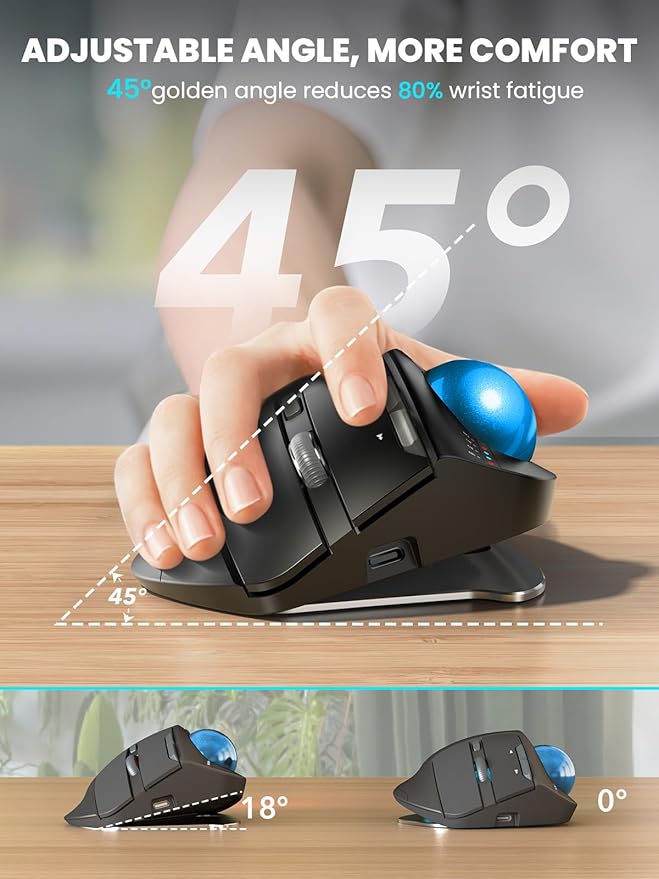 MAM1 Pro Wireless Trackball Mouse Ergonomic Bluetooth Rechargeable Computer Mouse Backlit Rollerball Thumb mice with 5 Level DPI Adjustable Angle 3 Devices Connection for PC Windows - Blue Ball