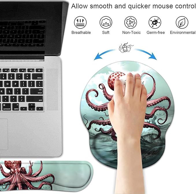 Keyboard Wrist Rest and Mouse Pad Wrist Support Set with Coasters Non-Slip PU Base Ergonomic Gaming Mousepad for Home Office Working Studying Easy Typing &amp Pain Relief - Red Octopus