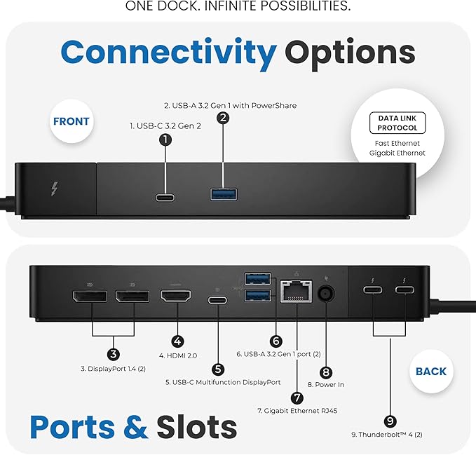 Dell WD22TB4 Thunderbolt 4 Dock 180W - 40Gbps 3-Year Warranty USB-C/USB-A Dell Docking Station with 180W Adapter + Techtray Cables &amp Cloth - Supports Dual/Triple Monitor &amp 4K Displays (New)