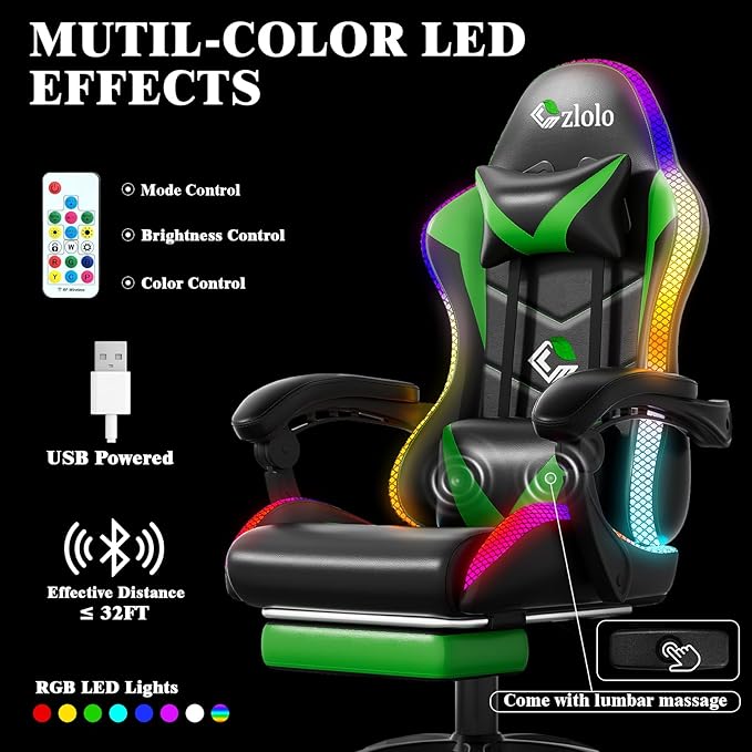 Gaming Chair Racing Style RGB LED Lights Gaming Chairs for Adults and Kids Lumbar Massager Gamer Chair High Back Reclining Computer Chair with Footrest and Headrest (Black/Green)