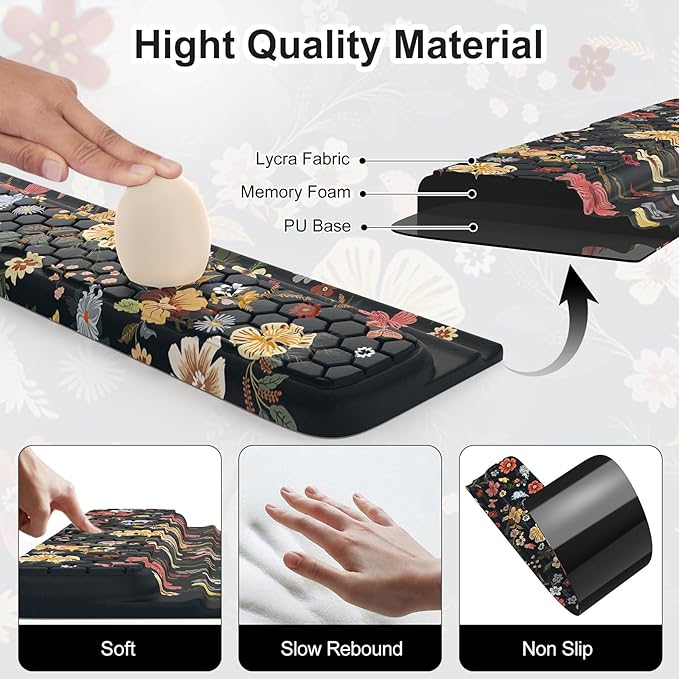 Keyboard Stand for Desktop Floral Wrist Support for Keyboard Anti-Fatigue Memory Foam Wrist Rest 3-Angle Adjustable Acrylic Riser for Office Home (Black Floral)