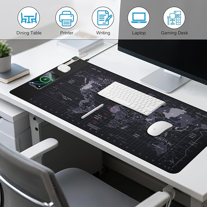 Wireless Charging Mouse Pad 15W Waterproof Gaming Mousepad with Ultra-Smooth Surface Non-Slip Base XXL Large Desk Mat 90 x 40cmBlack World Map Computer Desk Pad for MacBook PC Laptop