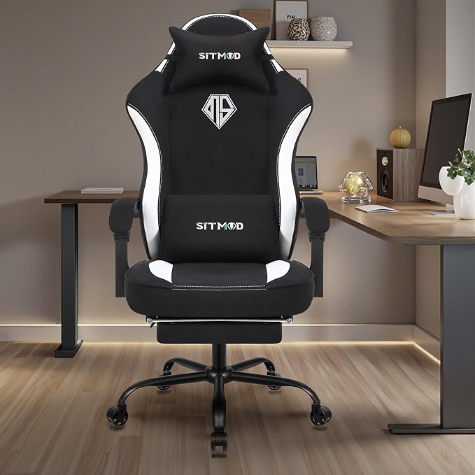 SITMOD Breathable Fabric Gaming Chair 350lbs Heavy Duty Computer Office Chair with Pocket Spring Cushion Wide Seat Ergonomic Gamer Chair with Footrest for Big and Tall Reclining High White