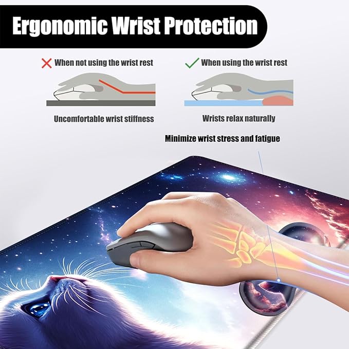 Mouse PadLarge Desk Mat Set 4in1 XL Mousepad + Keyboard Wrist Rest+Mouse Wrist Rest+Coaster with Ergonomic Desk Pad for Home Office Table Computer Cover -Cat Looking at Starry Sky