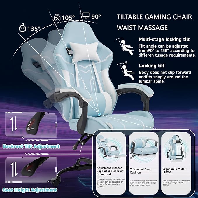 Ergonomic Gaming Chair with Massager Big and Tall Computer Chair with Reclining Footrest Swivel Game Chairs for Adults Home Office (Leather (Blue&ampWhite)