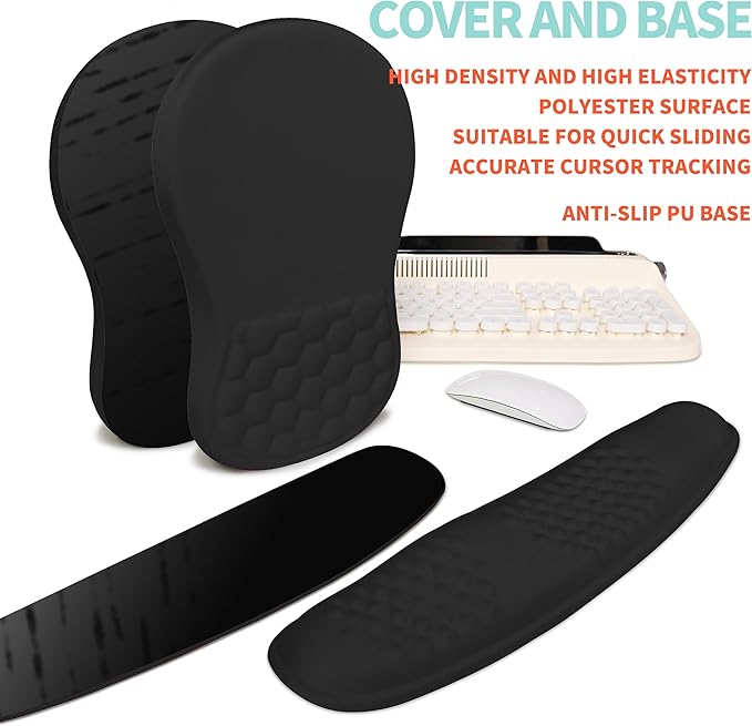 2-in-1 Ergonomic Set Wave Rise Keyboard Wrist Rest and Massage Bulge Slope Mouse Pad Wrist Support Cushion Memory Foam Integrated to Relieve Wrist Pain Black