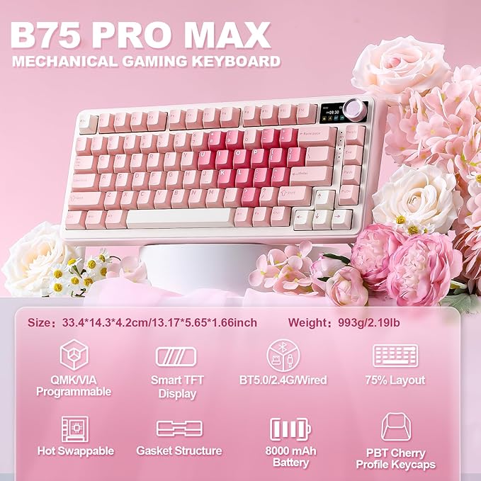 YUNZII B75 PRO MAX QMK/VIA Wireless Mechanical Keyboard75% Layout with Screen and KnobCustom Hot Swap GasketCreamy Pre-lubed SwitchesBluetooth/Type-C/2.4G for Win/Mac (Pink HeartCandy Switch)