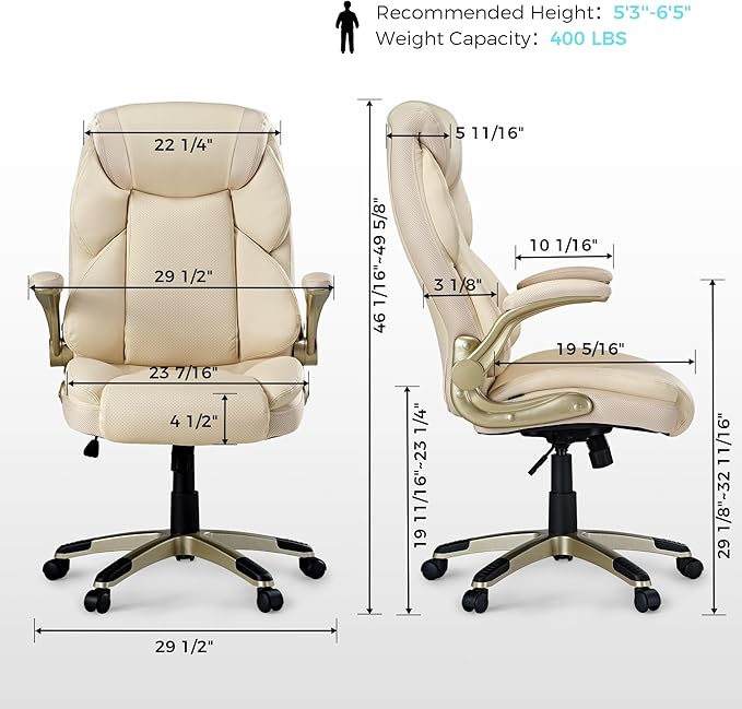 EUREKA ERGONOMIC Galene Executive Office Chair Flip Up Arm Rest Ergonomic Desk Chair Faux Leather Computer Chair High Back Office Chair with Headrest Home Office Desk Chairs with Wheels Beige