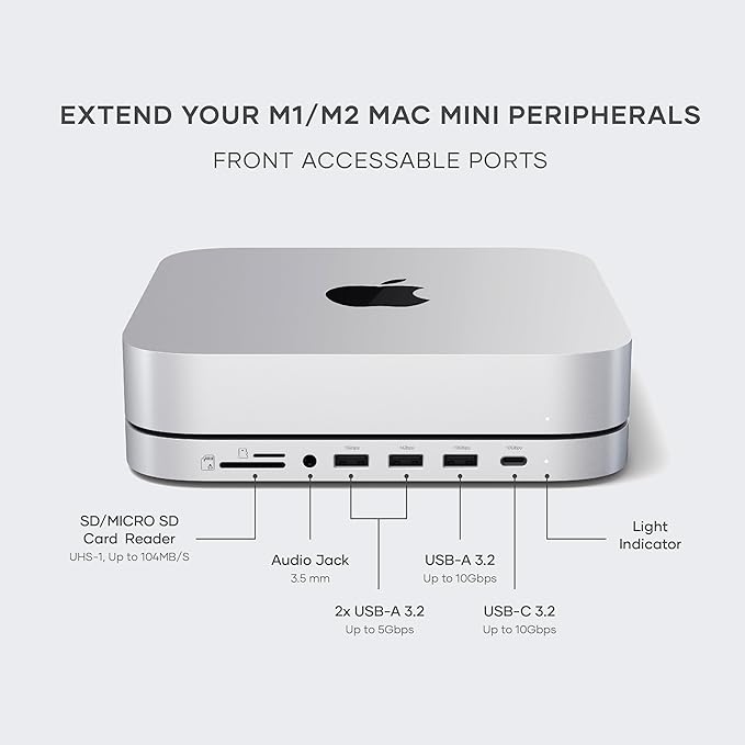 Satechi Mac mini Hub &amp Stand with SSD Enclosure for NVME/SATA M.2 Mac mini Dock with USB C 10Gbps 3 USB A 5/10Gbps 2.0 Audio Jack for Mac Studio Mac mini M2/M1 (Not Compatible with M4) - Silv