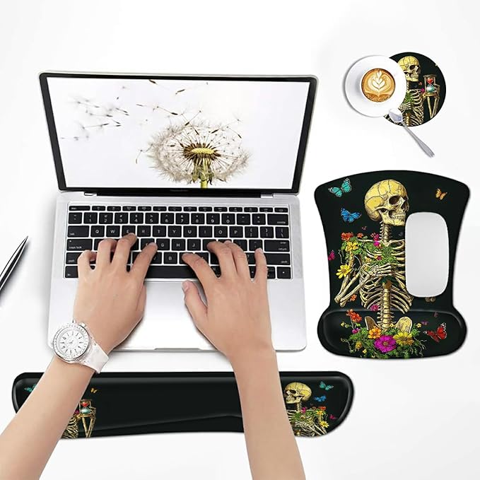Ergonomic Mouse Pad with Wrist Support Gel Mousepads and Upgrade Keyboard Wrist Rest Pad Set Coasters Non-Slip PU Base Mouse Mat for Office Gaming Computer Laptop Flower Butterfly Skull