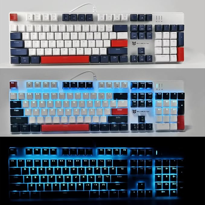 Qisan 104 Mechanical Keyboard for Gaming | Large Size USB White Backlit Gaming Keyboard Wired | US Layout Blue Switches Hot Swappable Mechanical Clicky Keyboards Compatible with PC &amp Laptop