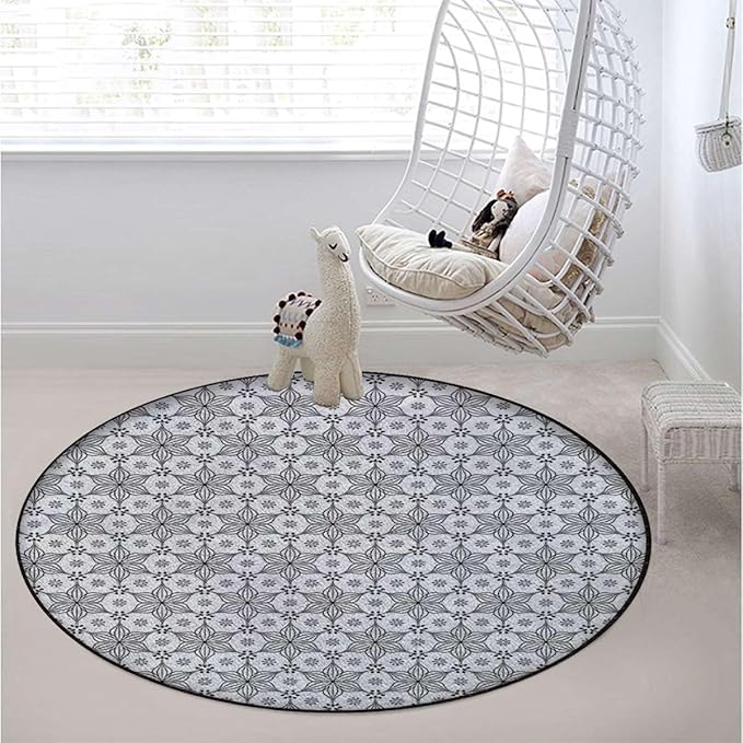 White Black Gaming Chair Mat for Hardwood Floor Anti-Slip Floor Protector Game Controller Rubber Gaming Computer Chair Mat Ancient Oriental Damask Pattern Floral Diameter 35.4 in