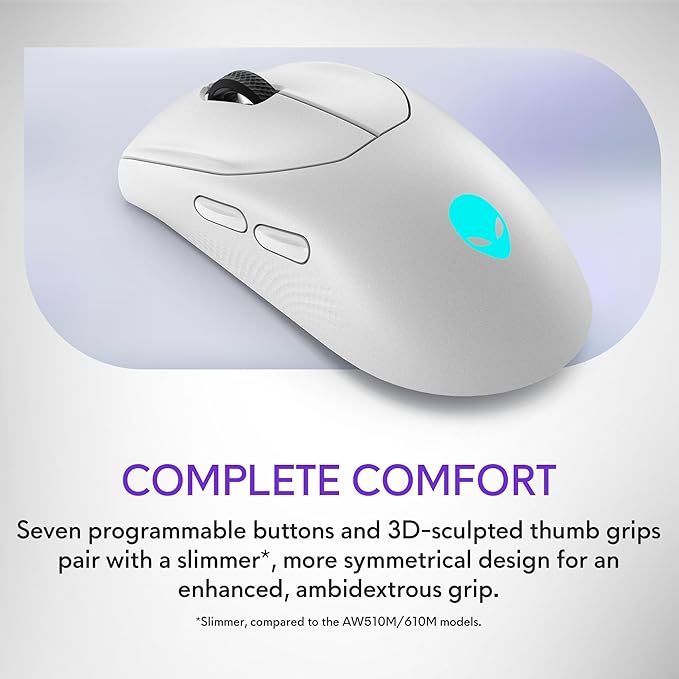 Alienware AW720M Tri-Mode Wireless Gaming Mouse - 2.4GHz Wireless Bluetooth 5.1 26000 DPI 8-Fully Programmable Buttons Magnetic Snap Charging Adapter USB-A to USB-C Cable - Lunar Light
