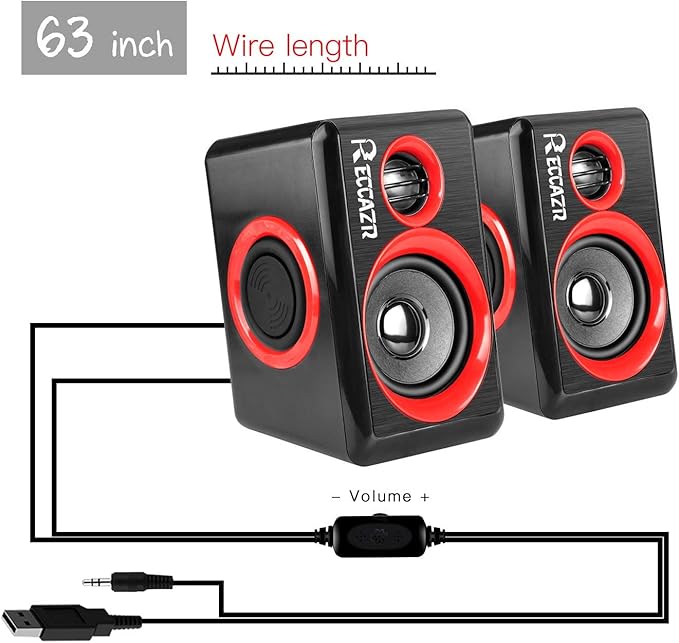 Computer Speakers 2.0 CH PC Speakers with Surround Sound USB Wired Laptop Speakers with Deep Bass for Desktop Computer/PC/Laptops/Smart Phone Build-in 4 Loudspeaker Diaphragm Reccazr SP2040|RED