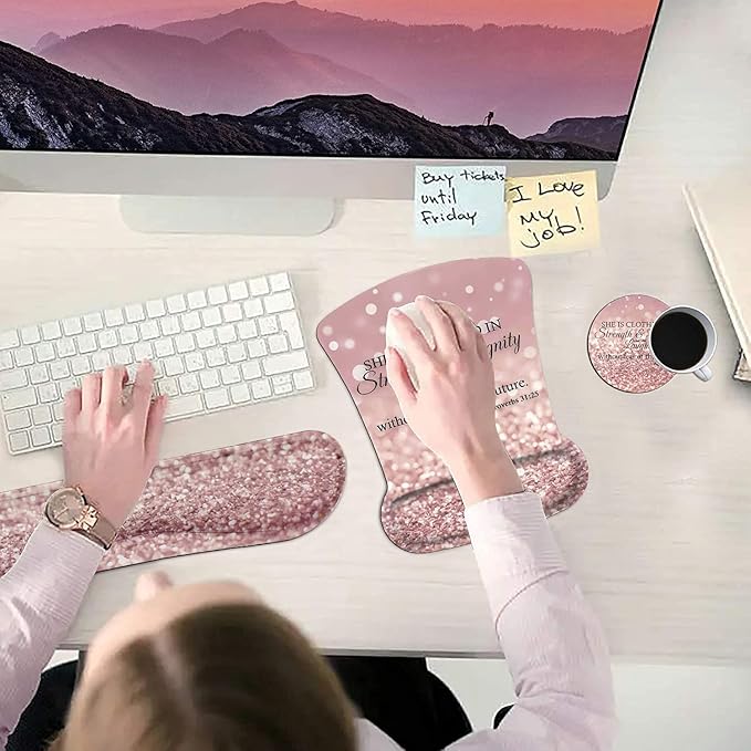 Ergonomic Mouse Pad Wrist Support Gel and Keyboard Wrist Rest Set Proverbs 31:25Bible Verse Pink Glitter Design for Laptop Mac Gaming and Office Durable Comfortable and Pain Relief + Coaster