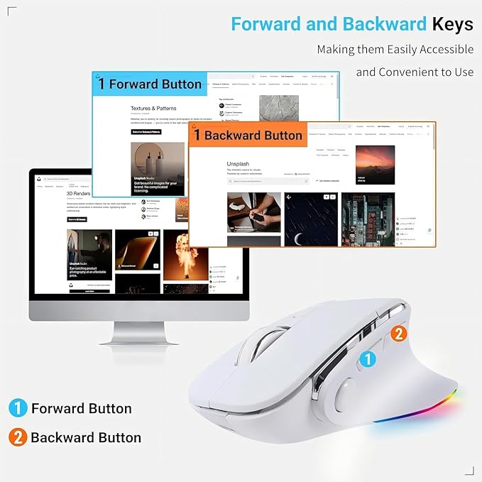 Ergonomic Mouse JigglerBluetooth Vertical Wireless MouseLED Rechargeable Optical Computer Mice Portable(BT5.2 or USB 2.4GHz) Dual Mode1000/1600/2400 DPI8 Buttons for LaptopPCMacbook (white)
