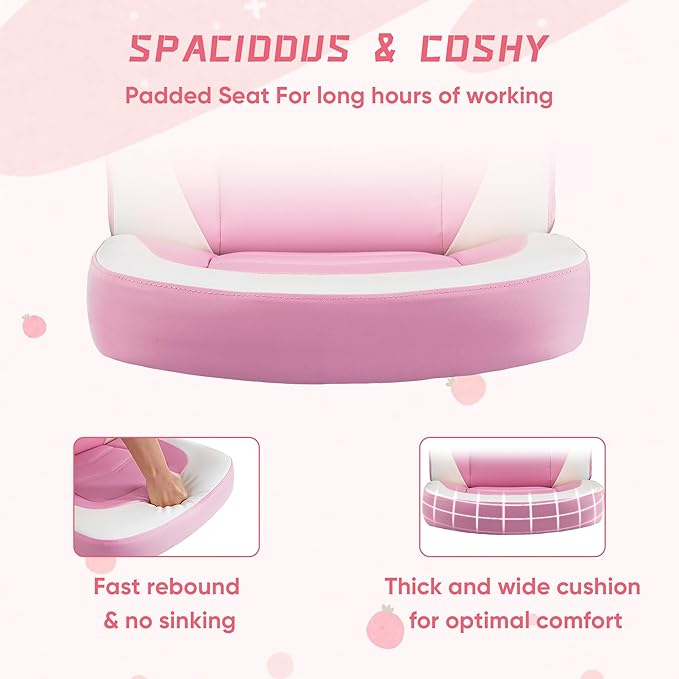 Heavy Duty Gaming Chair Ergonomic Gamer for Home Office with Lumbar Support Adjustable Backrest Flip-Up Armrest and Stable 360° Swivel Wheels for Adults Professional Gamers and Teens Pink-White