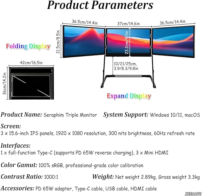 Triple Laptop Screen Extender Monitor 15.6 Quad Portable Screen FHD 1080P for Compatible with Windows/Mac