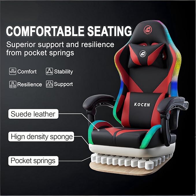 Kechen Gaming Chair LED Light Gaming Chair with Footrest and Massage Big and Tall Computer Chair with Lumbar Support Gaming Chairs for Adults with Pocket Spring Cushion (LED Light Red/Black)