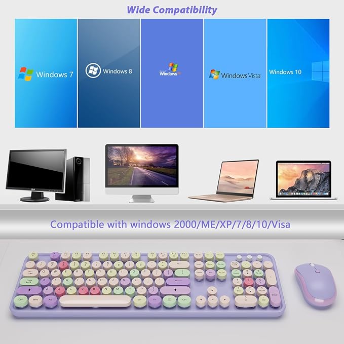 Wireless Typewriter Keyboard and Mouse - Wireless Keyboard with Silent Mouse Cute Retro Keyboard Mouse Combo 2.4G USB Computer Keyboard and Mouse for Windows Laptop/Desktop/PC(Purple)