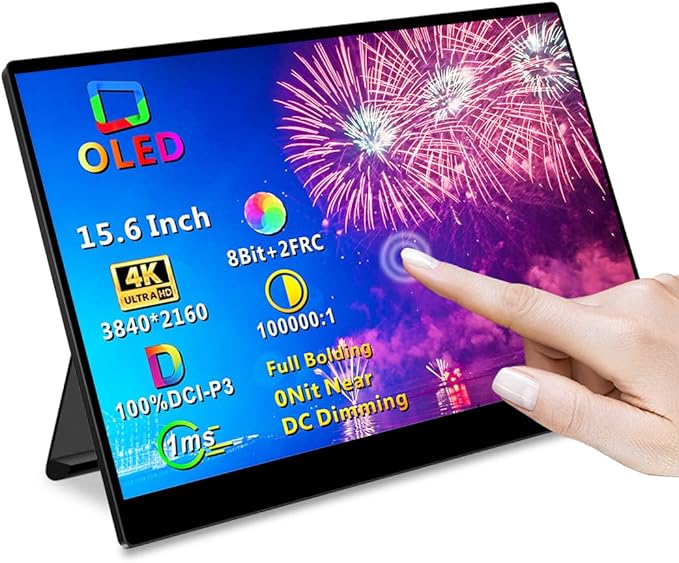 OLED Portable Monitor- 4K Portable Laptop Display 15.6 Portable Gaming Monitor 100% DCI-P3 OLED Screen with HDMI/USB-C External Touchscreen for Phone PC Laptop Game Console