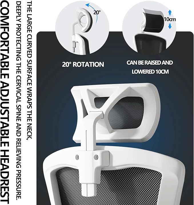 Ergonomic Office Gaming Chair with Mesh Swivel 145° Recline Adaptive Lumbar Support Rotating Headrest Height Adjustment White