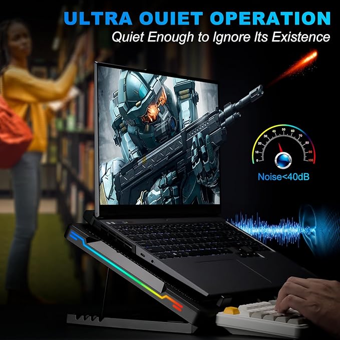 G-STORY Gaming Laptop Cooling Pad with Movable Fan and Automatic Speed Adjustable by TemperatureMusic Sync RGB LightLow Noise Laptop Cooler 3 Speed 1500/1750/2000RPM(140MM) Stand 12–18 Notebook