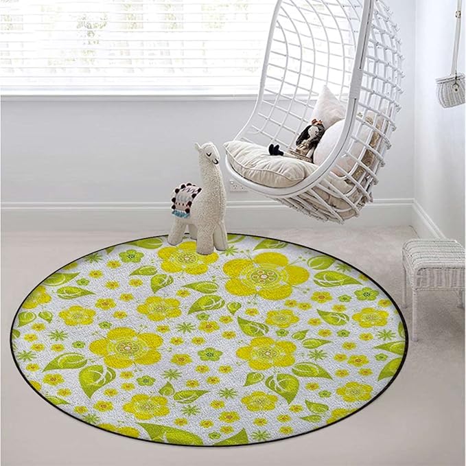 Exotic Marble Round Area Rug Throw Rugs Soft Washable Small Round Floor Mats for Bedroom Living Room Lemons Simplistic Citrus FruitsGreen Yellow White Diameter 43.3 in