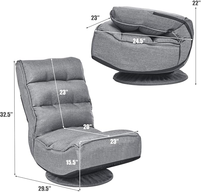Giantex 360 Degree Swivel Floor Chair Folding Floor Gaming Chair with 6 Positions Adjustable Lazy Sofa Lounge Chair w/Tufted Back Support Video Gaming Chair for Reading TV Watching (Gray)