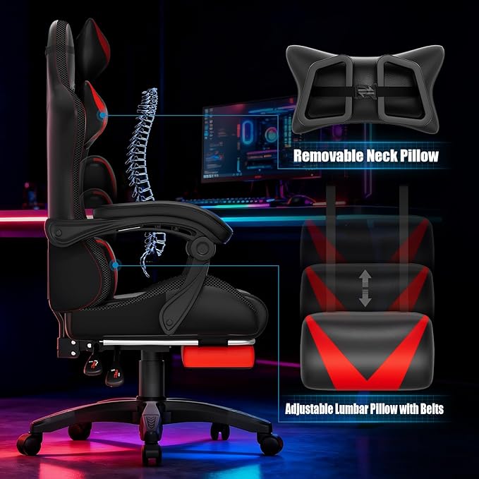 Gaming Chair Racing Style RGB LED Lights Gaming Chairs for Adults and Kids Lumbar Massager Gamer Chair High Back Reclining Computer Chair with Footrest and Headrest (Black/Red)