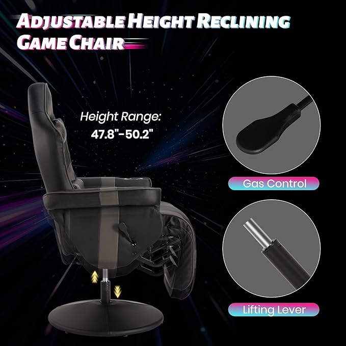 Game Reclining Chair with Adjustable Height PU Gaming Chair with Massage Long Footrest and Lumbar Support High Back Swivel Computer Game Chair for Adult (Gray)